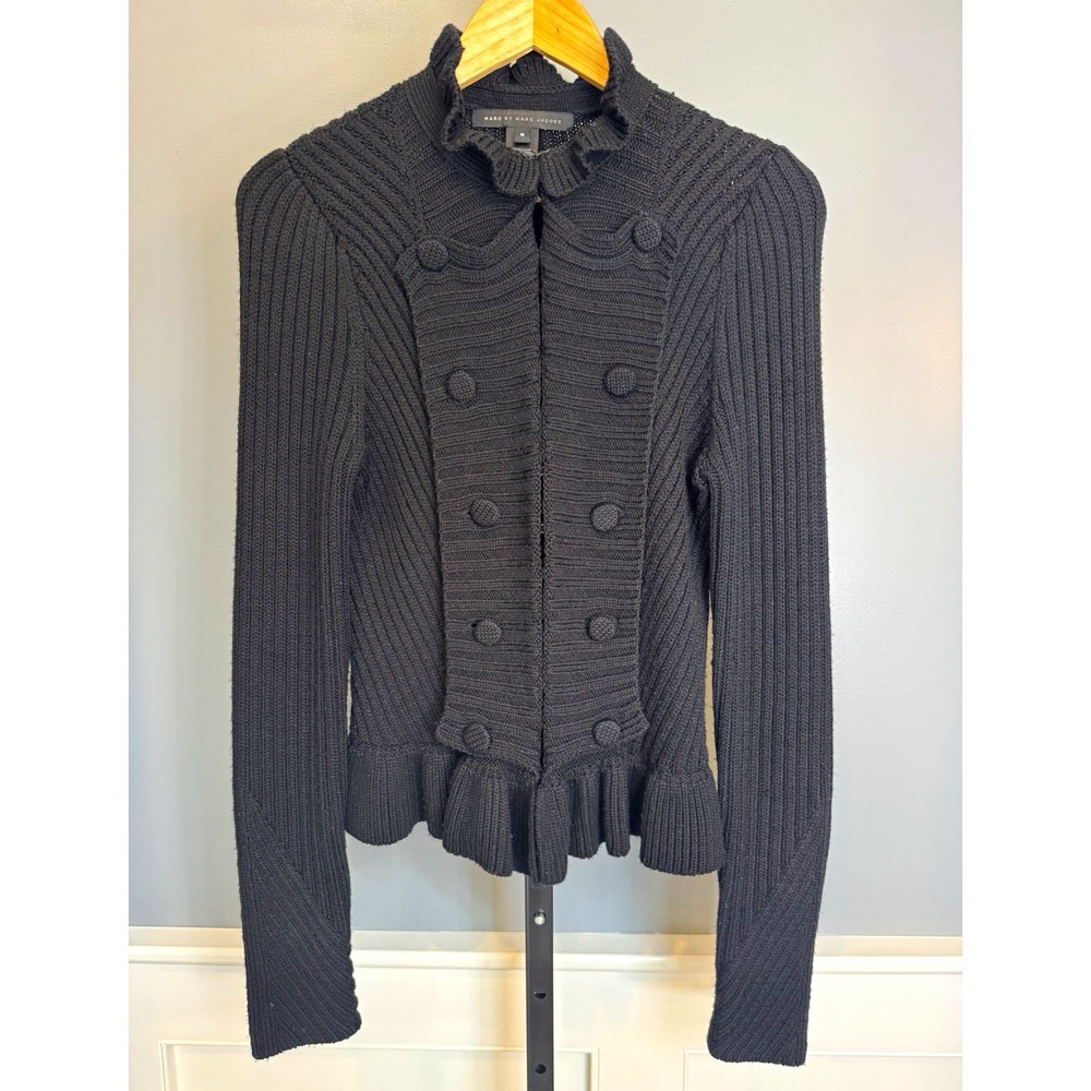 Marc by Marc Jacobs Wool Ruffle Peplum Cardigan Sweater Black M